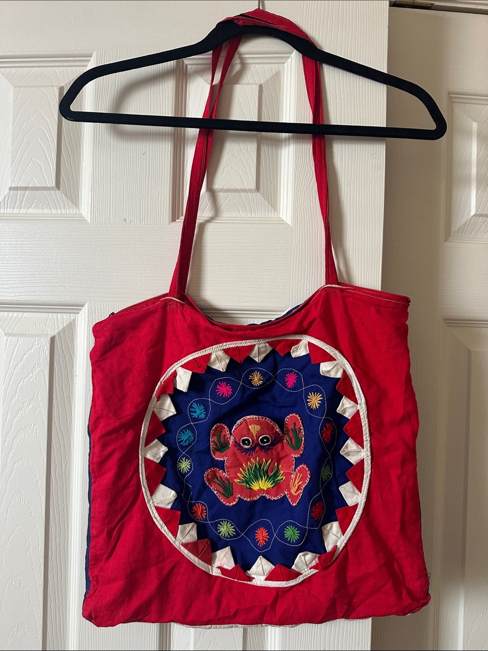 Red Embroidered Crab Tote Bag - Women's Shoulder Bag